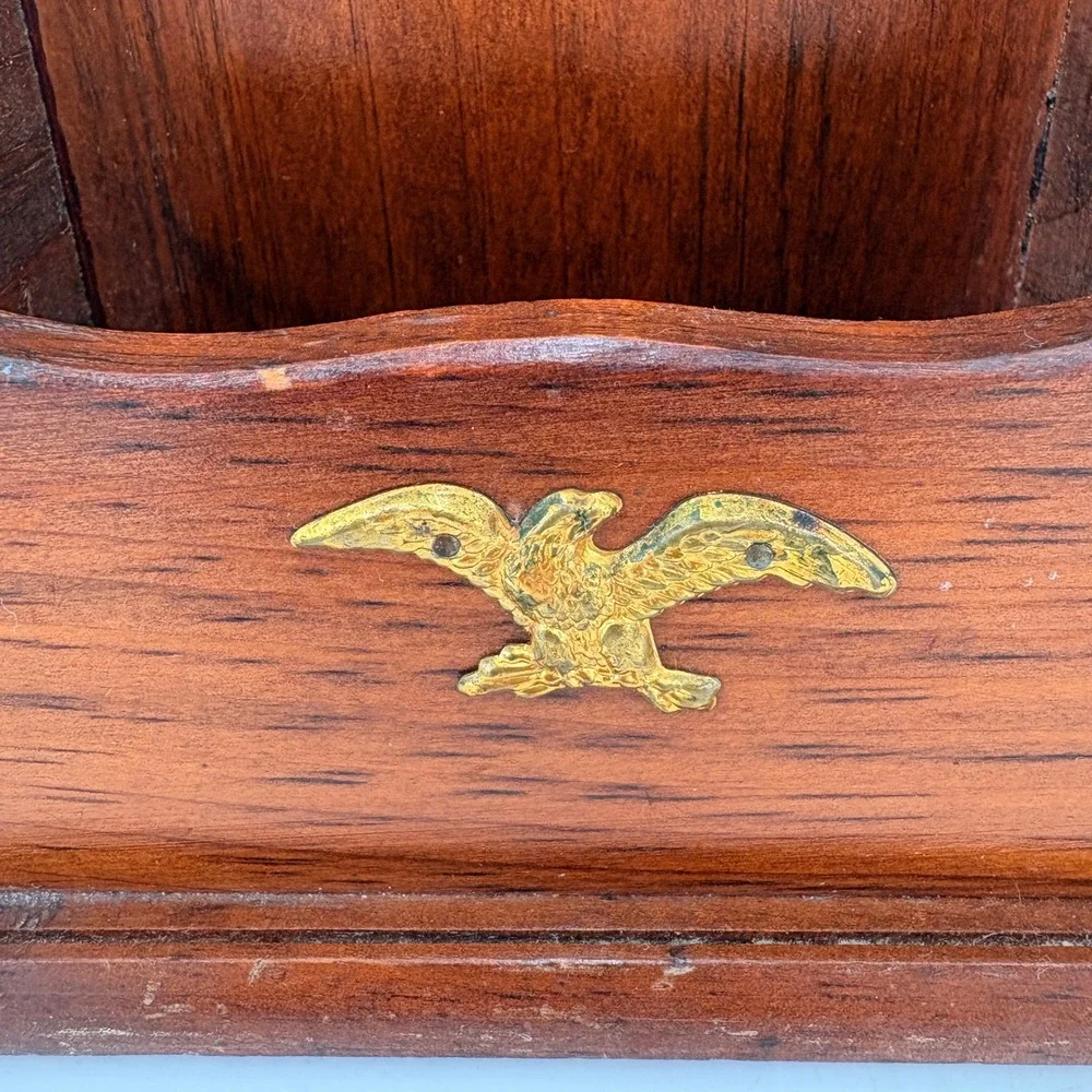 VINTAGE Wood Desk Organizer Letter Holder Recipe‎ Box Americana Eagle Emblem